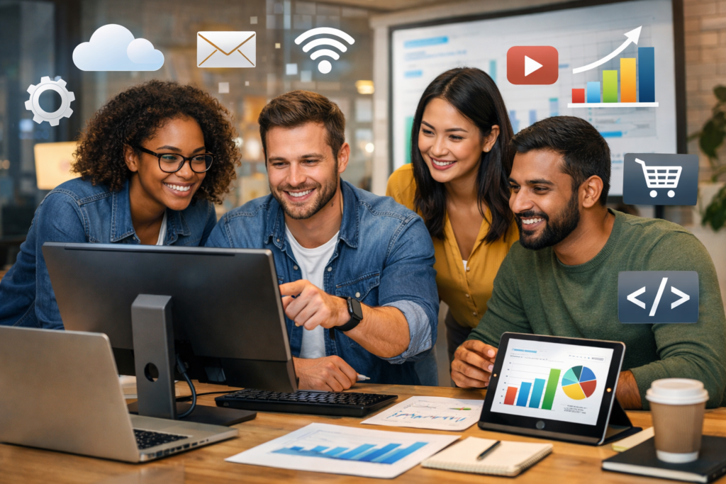 An image of a modern, digital workspace featuring a diverse group of people (men and women of different ethnicities) collaborating around a computer, with digital tools and technology icons floating around them. The atmosphere should be welcoming, professional, and innovative, symbolizing learning, growth, and digital skills. Include elements like laptops, tablets, and charts or graphs that represent success and online business.